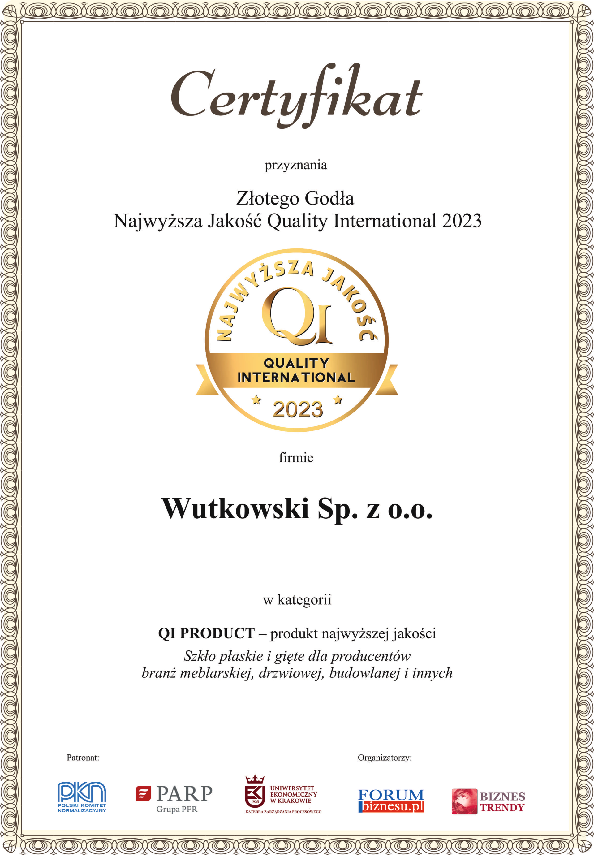 Certyfikat Najwyższa Jakość QI 2023